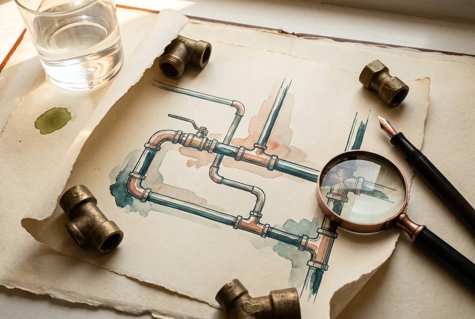 An editor's desk: a hand-drawn watercolour pipe schematic held flat by brass fittings, a magnifying glass over one junction, a fountain pen and a glass of water
