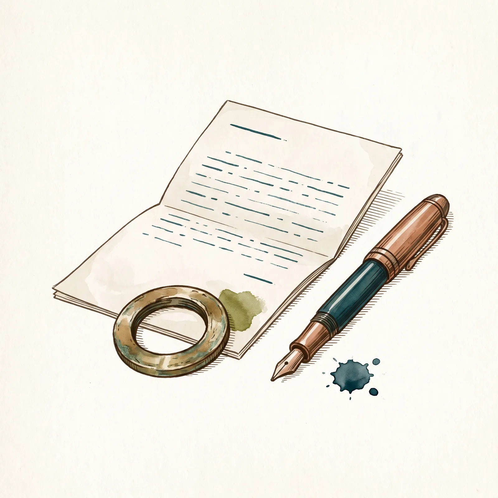 Ink and wash still life: an unfolded letter suggested by dashes of petrol-blue ink, a worn brass tap washer resting on it and a fountain pen alongside