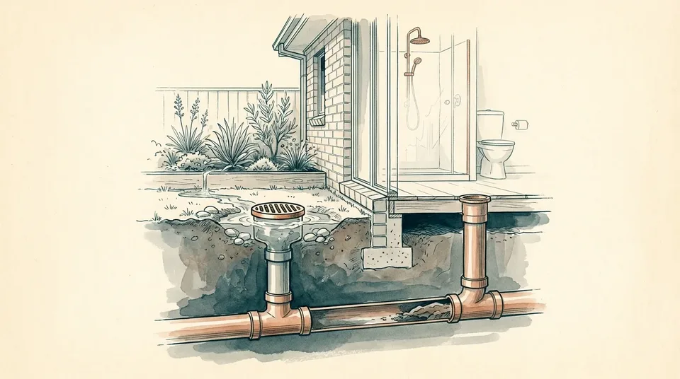 Ink and wash cutaway of an overflow relief gully in a garden bed beside a house, set lower than the indoor fixtures, with wastewater welling up at the grate outside while the floor inside stays dry
