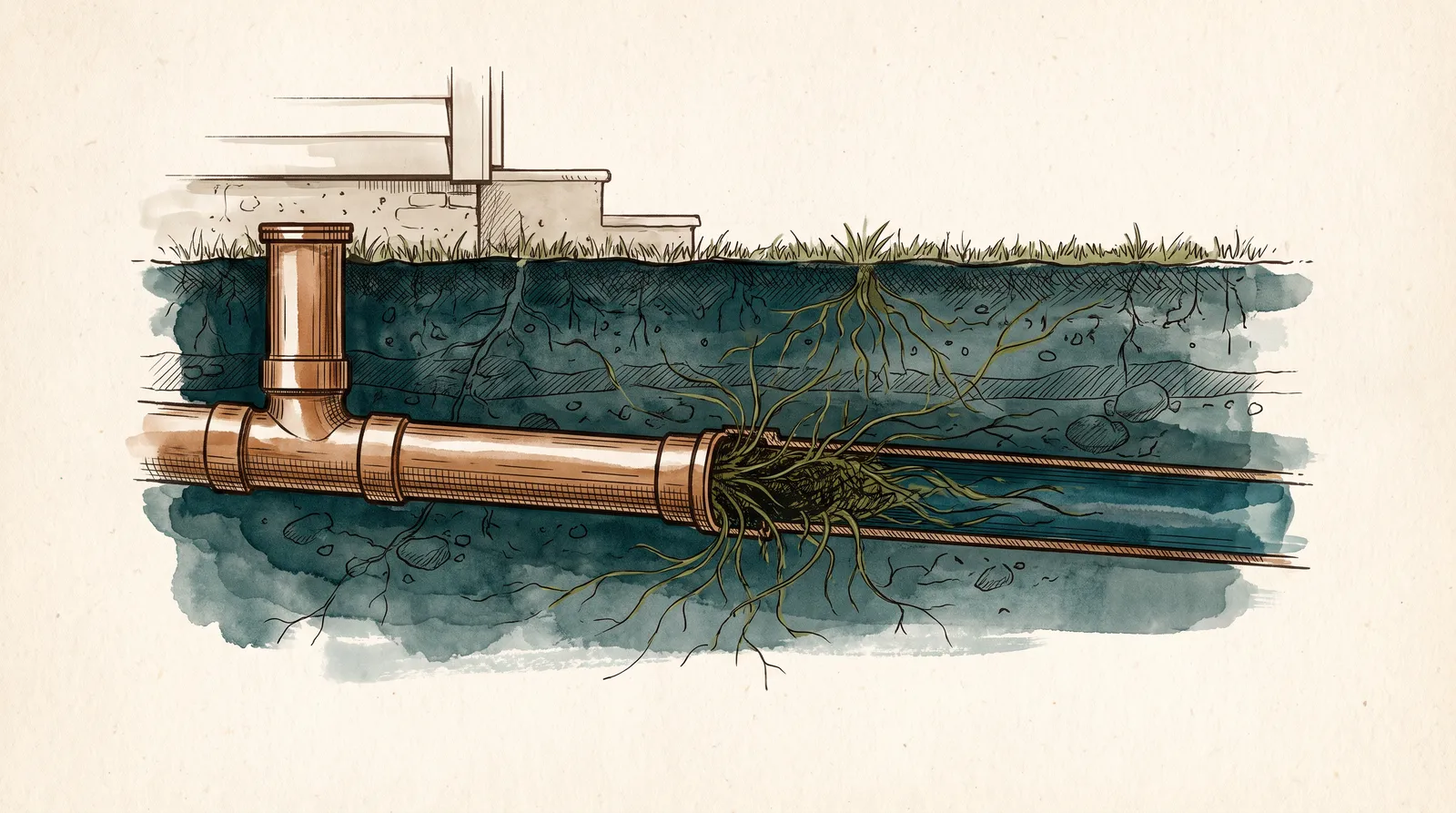 Ink and wash cutaway of a buried house drain running from under a house toward the street, fine tree roots threading into one pipe joint and the gully riser standing beside the wall