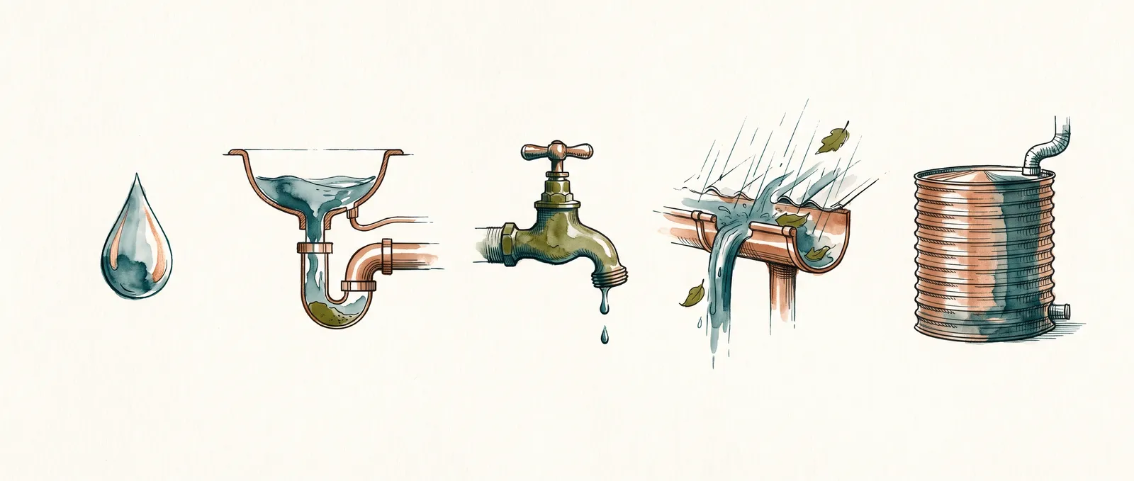 A frieze of ink and wash studies in a row: a water drop, a sink trap in section, a garden tap, rain streaming into a roof gutter, and a corrugated rainwater tank