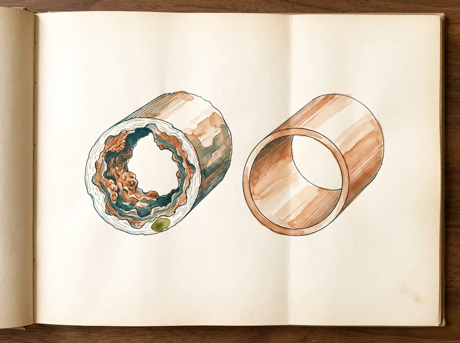 Ink and wash study of two pipes cut open side by side: an aged iron pipe with its bore choked by rust tubercles, pitting and mineral scale and its wall thinned through, next to a sound clean copper pipe with a full open bore