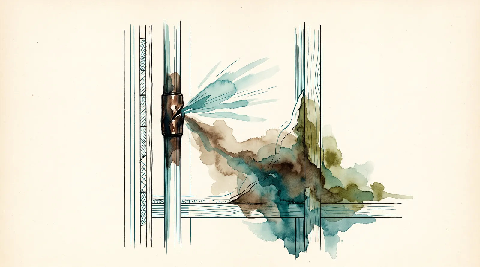 Ink and wash cutaway of an opened interior wall cavity: a copper supply pipe split at a soldered joint, a fine fan of water escaping under pressure, and a damp stain spreading down the plaster and darkening the timber stud beside it