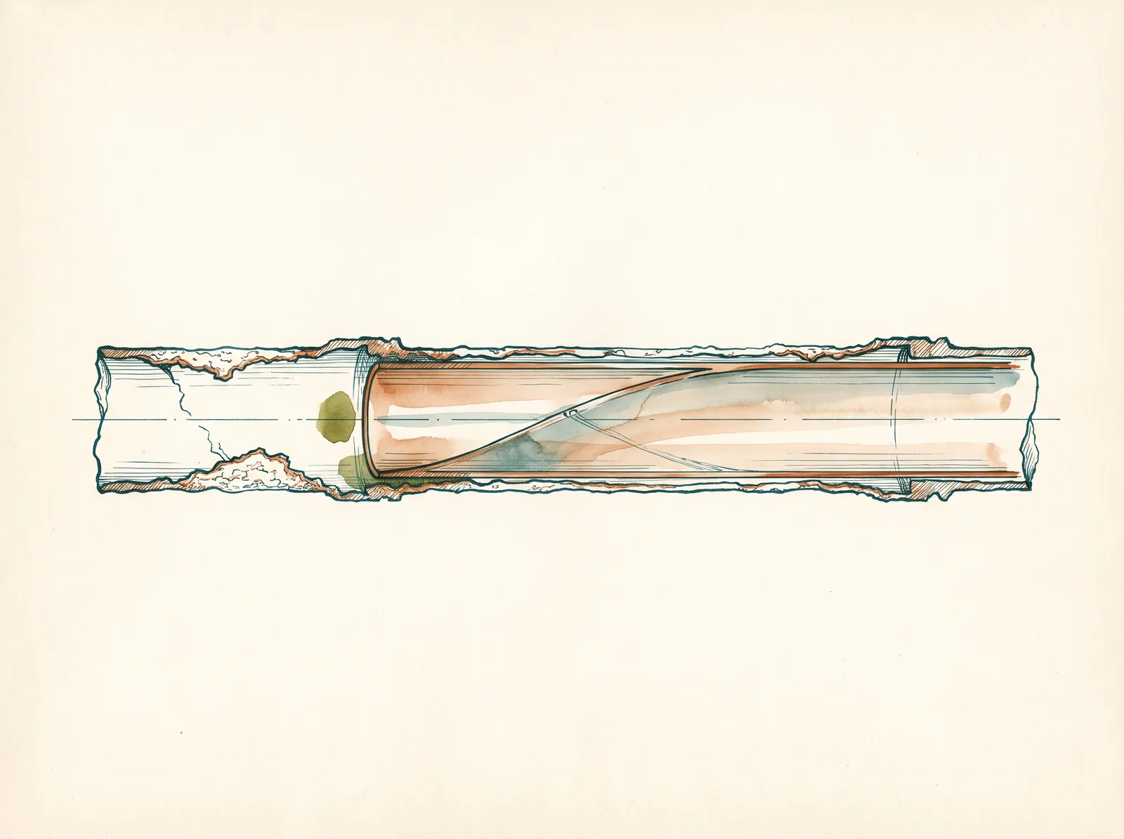 Ink and wash cross-section of an old rough corroded pipe with a smooth new resin liner drawn through the inside, forming a seamless clean-walled new pipe within the old damaged one
