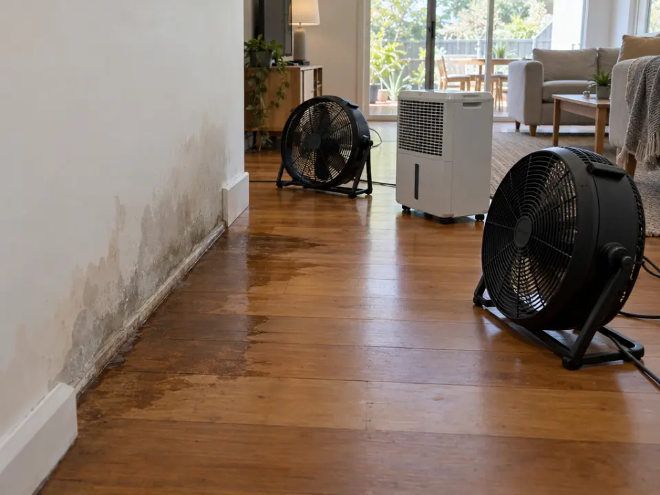 Two floor fans and a dehumidifier running in a living room, beside a plastered wall stained with damp