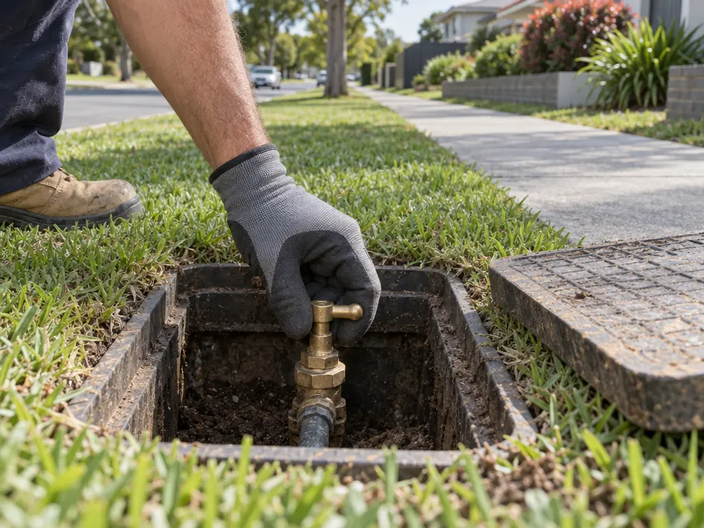A gloved hand turning a brass stop tap inside an open in-ground box on a grass verge, with a footpath and street beyond