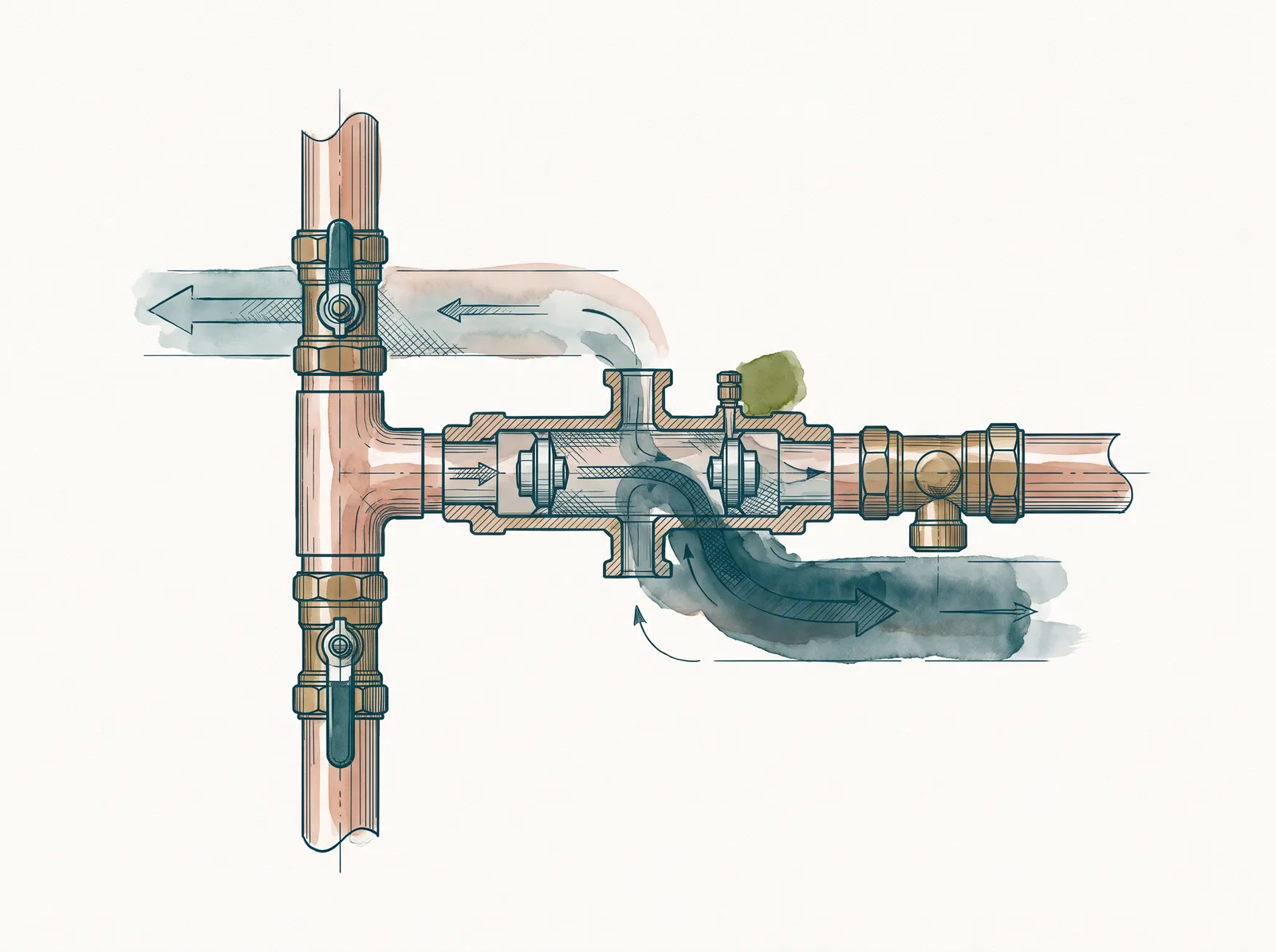 Ink and wash specimen study of a reduced-pressure-zone backflow prevention assembly on a copper riser: a brass body with two in-line check valves and a relief port beneath, isolating valves at each end, clean water shown flowing one way and the reverse direction stopped