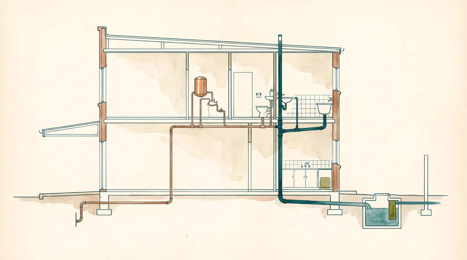Ink and wash sectional cutaway of a small two-storey commercial building: copper cold-water supply rising through the building on the left, the petrol-dark sanitary stack falling on the right, and a buried grease arrestor tank outside the ground-floor kitchen feeding the street sewer