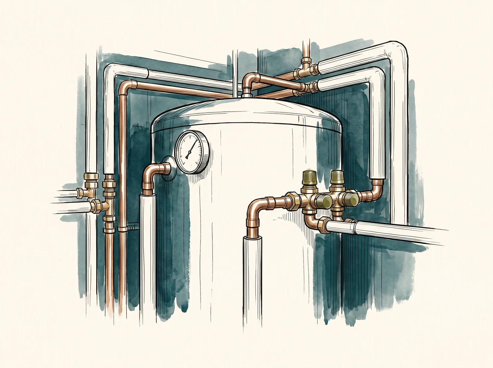 Ink and wash study of a commercial hot water plant: a large storage cylinder with insulated copper flow and return pipes, a pressure gauge, and a set of brass thermostatic tempering valves on the outlet that blend the stored hot water down before it reaches the basins