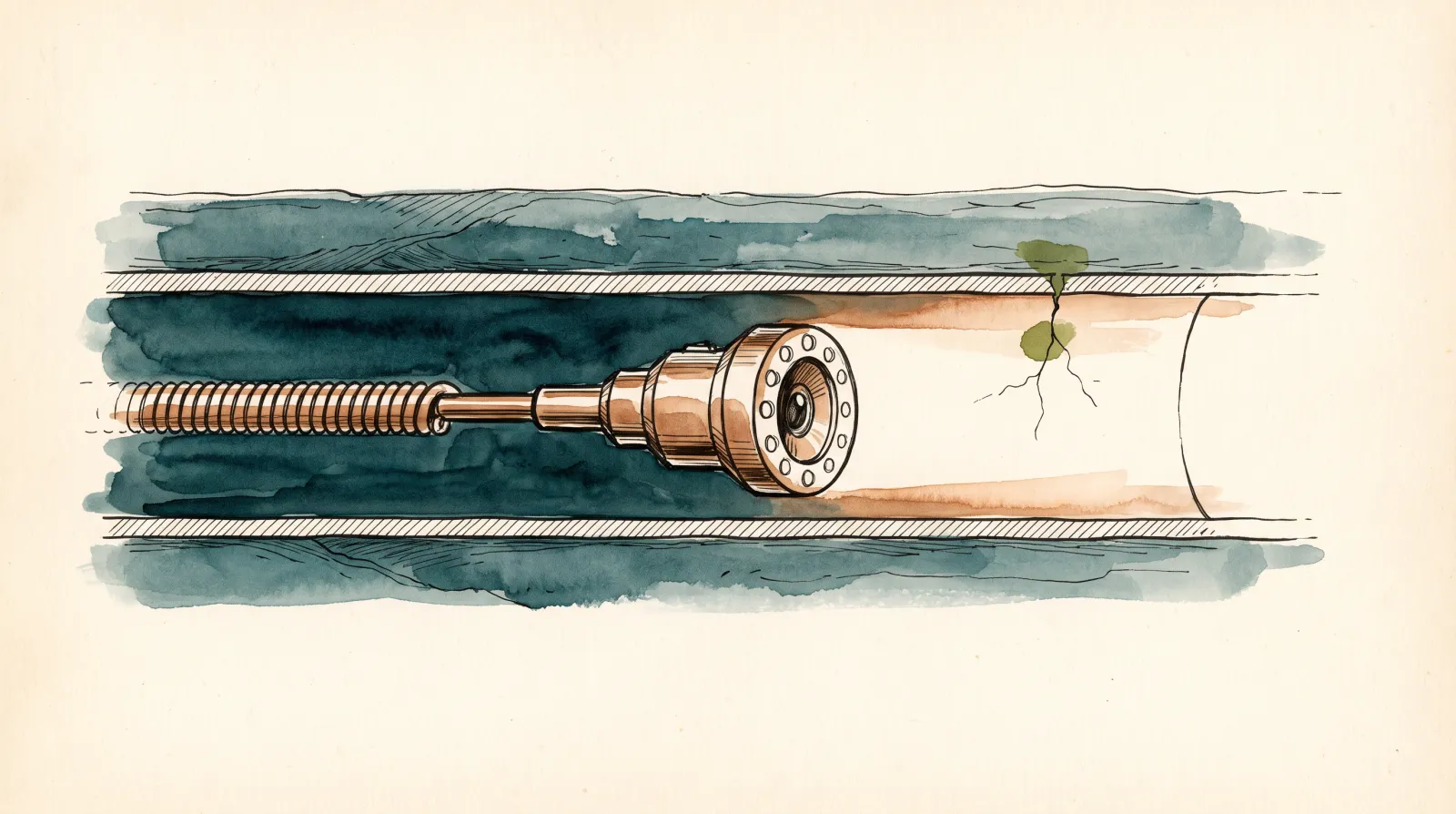 Ink and wash sectional illustration of a drain-inspection camera on a push rod inside an underground pipe, its ring of light falling on an early fault ahead of it