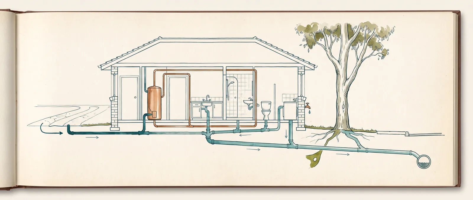 Ink and watercolour cutaway of an Australian house showing the copper supply lines rising to fixtures and the drainage line falling under the lawn to the street, with a eucalypt's roots reaching toward the buried pipe