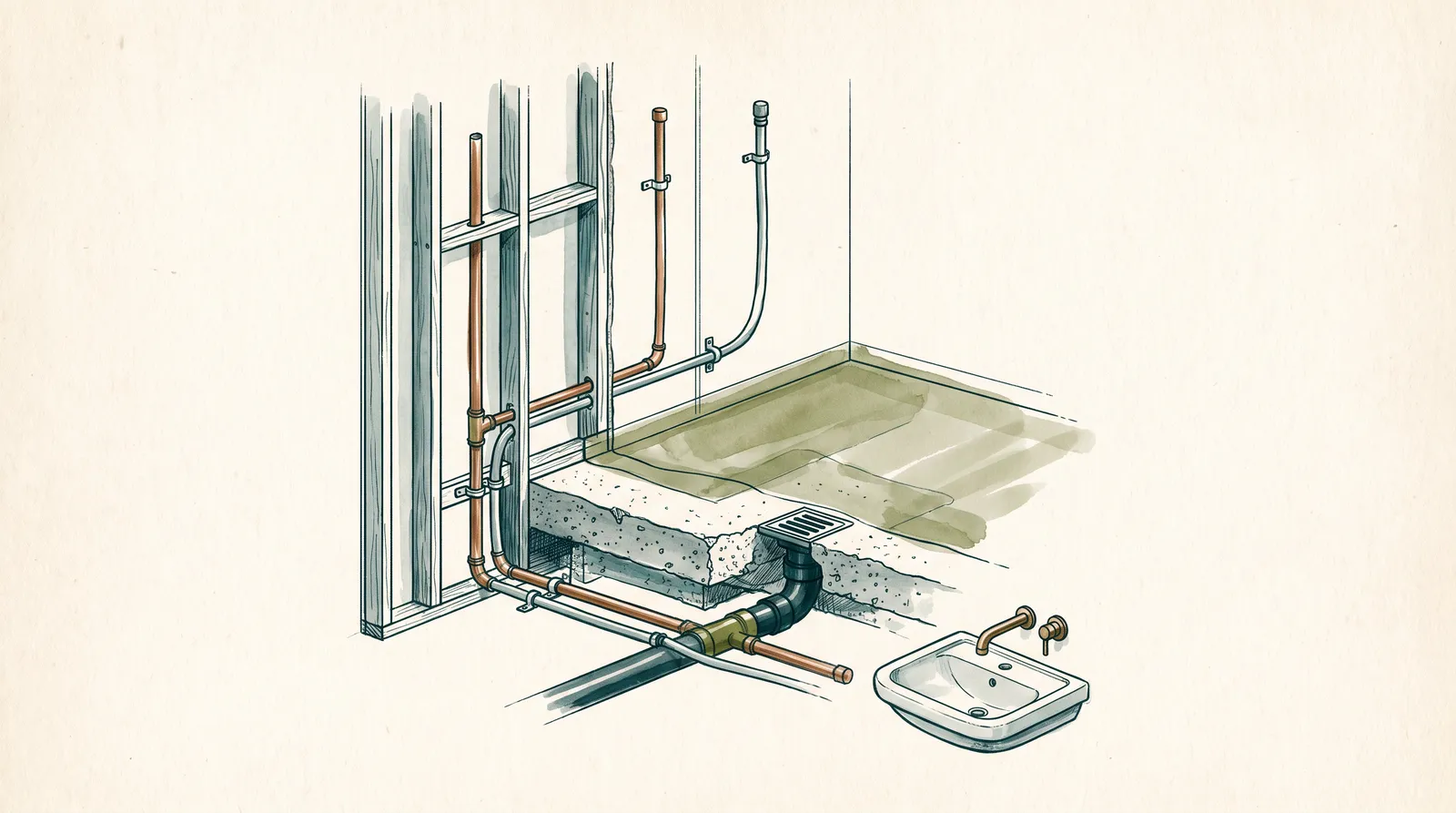 Ink and wash cutaway of a bathroom at the rough-in stage: copper and cross-linked-polymer supply pipes threaded through an open timber wall and floor, a floor waste set into the slab, a waterproof membrane laid across the floor, and a basin and wall tap set aside not yet mounted