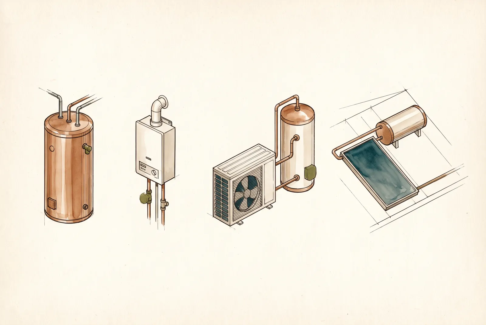 Ink and wash specimen lineup of four hot water systems: a tall electric storage cylinder, a wall-mounted gas continuous-flow unit, an air-source heat pump with its fan unit beside a cylinder, and a roof-mounted solar collector panel feeding a horizontal tank