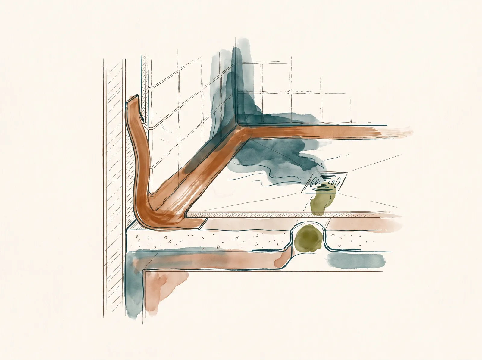 Ink and wash cutaway through a shower wall and floor showing the continuous waterproof membrane behind the tiles, turned up the wall and running across the floor screed to a floor waste, with the graded fall of the floor toward the drain