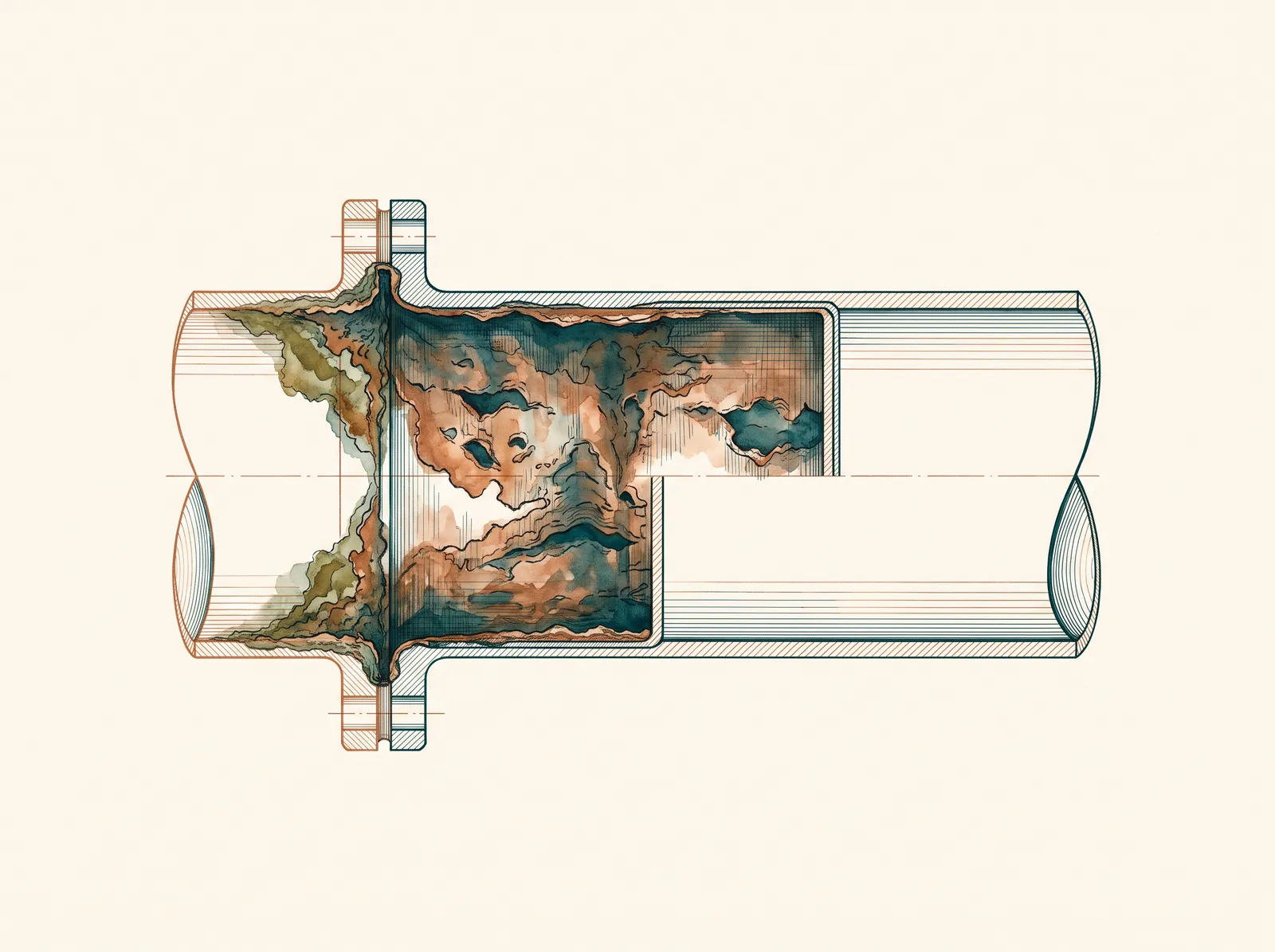 Ink and wash cutaway cross-section of a large heavy steel industrial pipe: the inner wall pitted and scaled, a flanged junction where two dissimilar metals meet showing galvanic attack at the seam, thinning metal in petrol and copper washes, sound clean metal shown beside the corroded zone for contrast