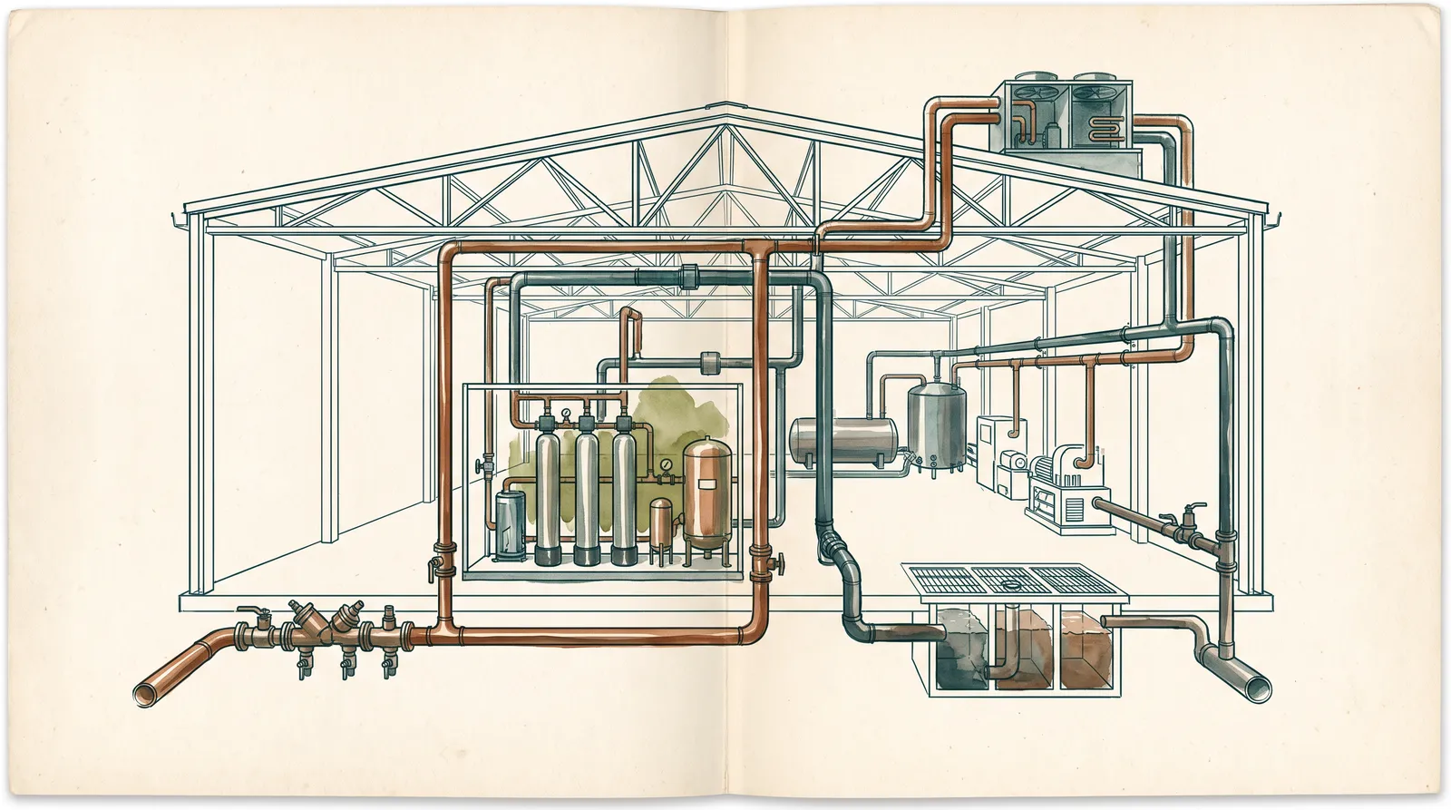 Ink and wash sectional cutaway of a light-industrial building's water systems: town-main supply entering through a backflow assembly, a compact treatment skid, high-level process pipework in copper and petrol, and a separate waste path falling to an in-ground pre-treatment pit before the sewer