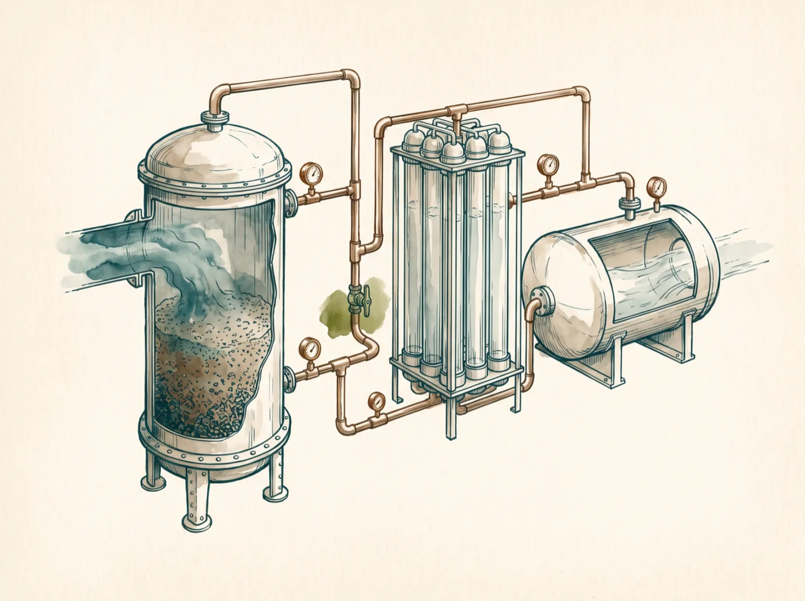 Ink and wash specimen plate of an industrial water-treatment train in a row: a coarse media filter column, a bank of vertical ultrafiltration membrane cartridges, and a horizontal reverse-osmosis pressure vessel joined by copper pipework, water clearing from cloudy on the left to clear on the right