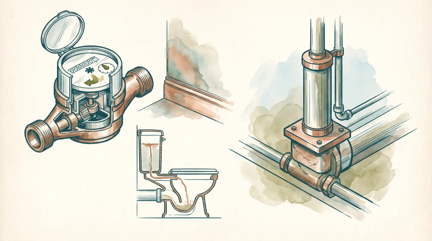 Ink and wash study of finding hidden leaks: a water meter with its leak-indicator dial mid-turn, a faint damp shadow on a wall above the skirting, and a toilet cistern in cutaway with dye slipping from tank to bowl