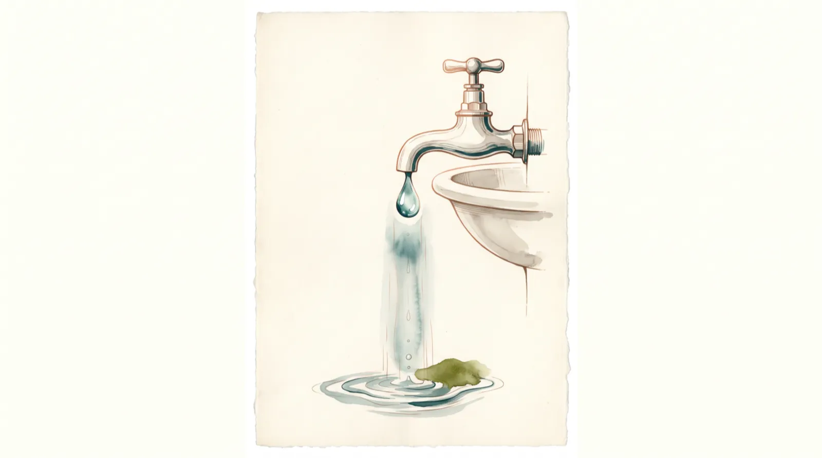 Ink and wash study of a brass tap in profile releasing a single bead of water, the ghosted trail of every earlier drop falling as a soft wash into the basin below