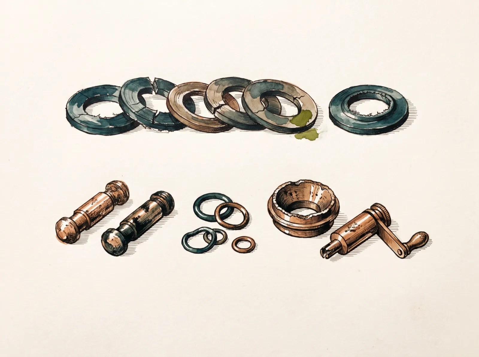 Ink and wash specimen plate of worn tap internals on paper: flattened and split rubber washers, one green with corrosion, brass jumper valves, a set of O-rings, and a brass valve seat with a visibly scored and pitted rim, beside a small brass reseating tool
