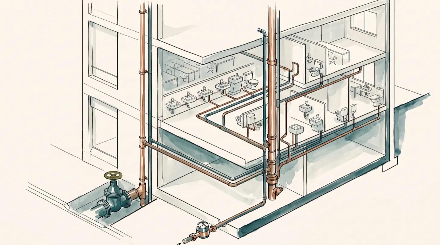 Ink and wash cutaway of a multi-storey office building showing one tall vertical soil-and-vent stack, a floor of many basins and toilets all feeding that stack, a boundary valve where the building meets the street, and a metered incoming water main at the base