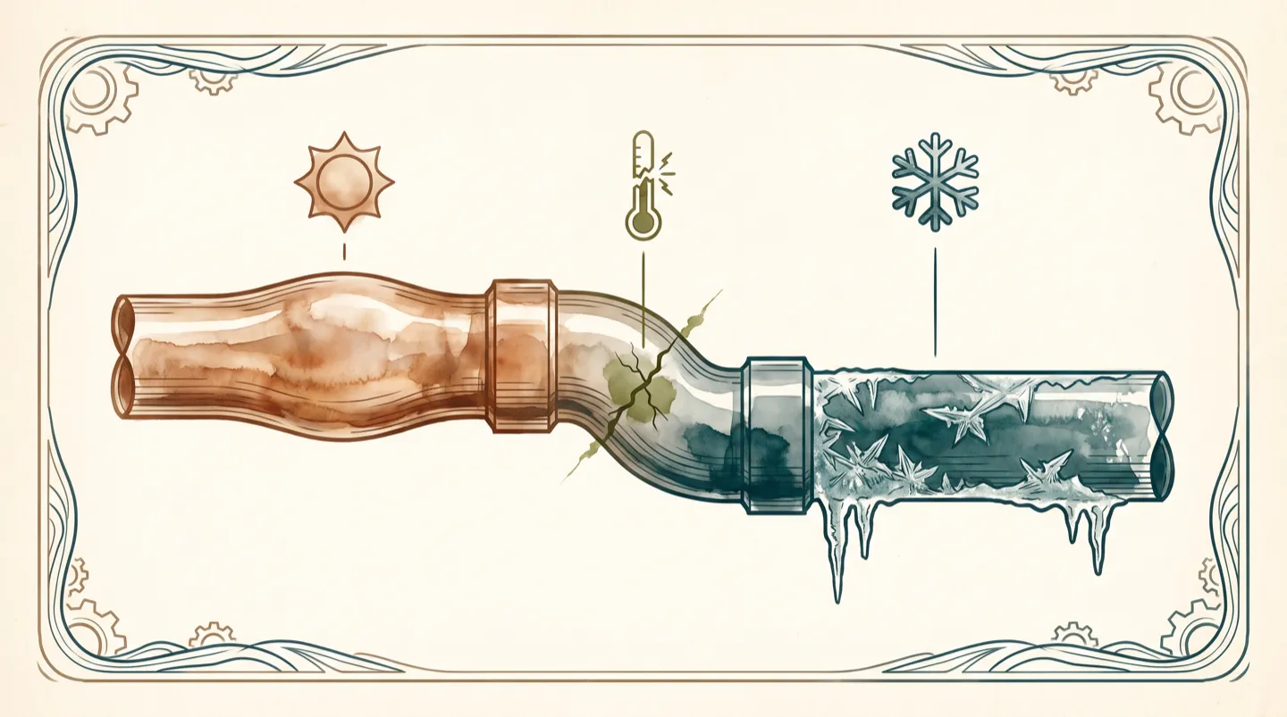 Ink and wash study of a household pipe run under thermal stress: one section expanded and warm-toned in summer heat, an adjacent frost-rimed section contracted in winter cold, and a fine fatigue crack opening at the bend where the two meet