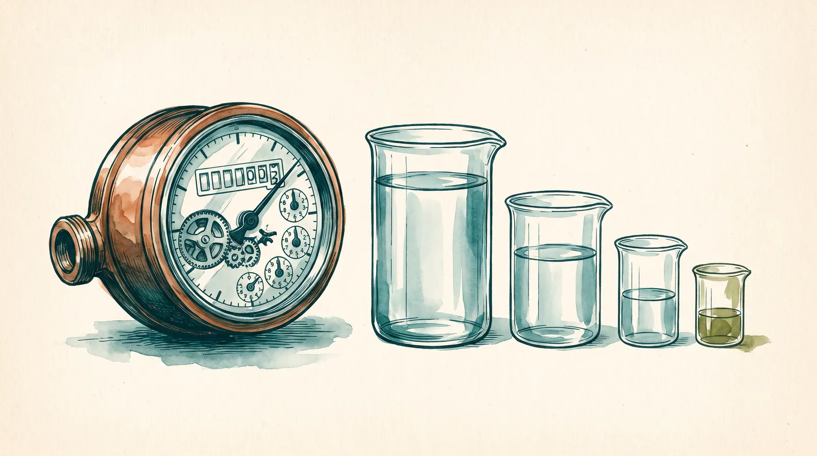 Ink and wash still life: a brass domestic water meter beside a row of graduated glass measures of descending size holding clear water, as if portioning out where a household's water goes