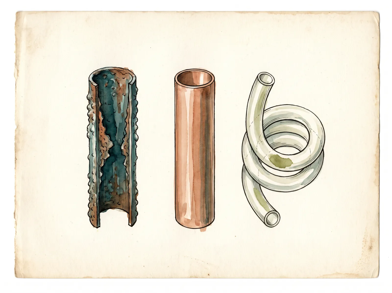 Ink and wash specimen comparison of three pipe cross-sections: an old galvanised steel pipe rusted and furred so the bore is nearly closed, a clean open copper pipe, and a loop of flexible PEX pipe