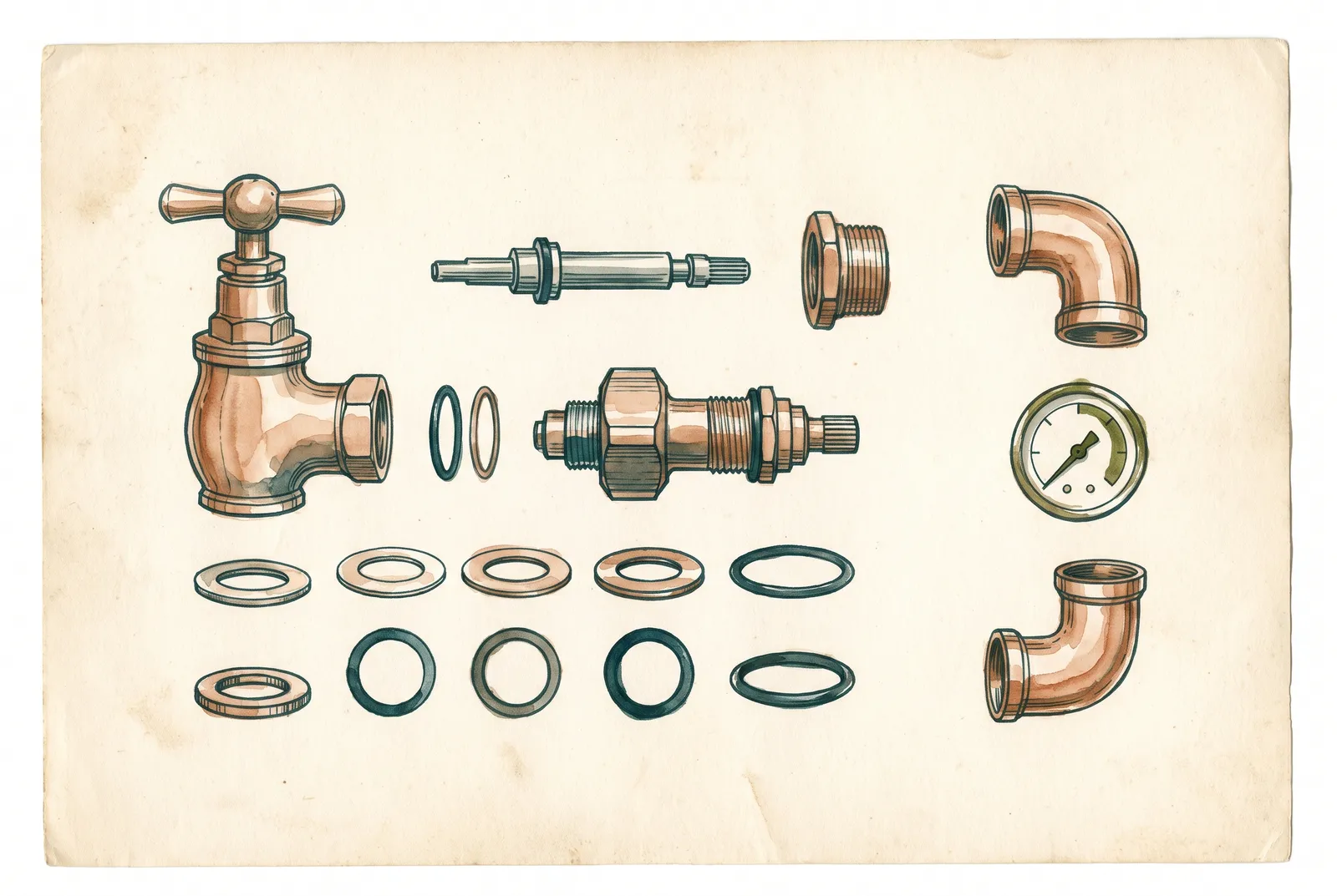 Specimen plate of tap anatomy in ink and wash: brass tap body, spindle, jumper valve, washers and O-rings laid out in rows beside copper elbows and a pressure gauge