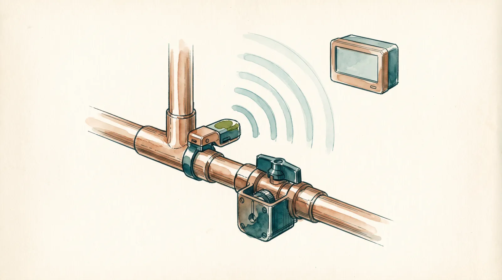 Ink and wash illustration of a household water pipe fitted with a small clip-on leak sensor and an automatic shut-off valve, a faint wireless signal travelling to a small monitor