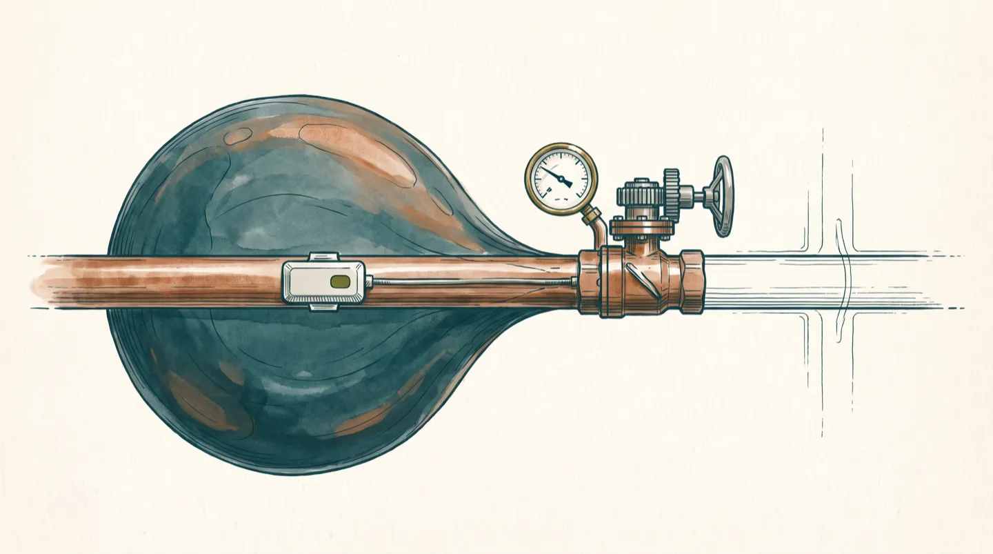 Ink and wash study of a home water supply line: an inline leak sensor clipped to a copper pipe, a motorised shut-off valve part-closed holding back a swelling body of water, a monitoring dial reading the flow, and everything downstream drawn dry and safe