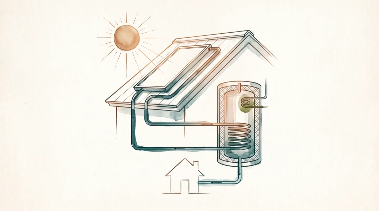 Ink and wash study of a rooftop solar hot-water collector under a warm sun, a pipe loop carrying heated water down to a tall insulated storage tank with a small electric booster element near the top, the tank feeding the house below
