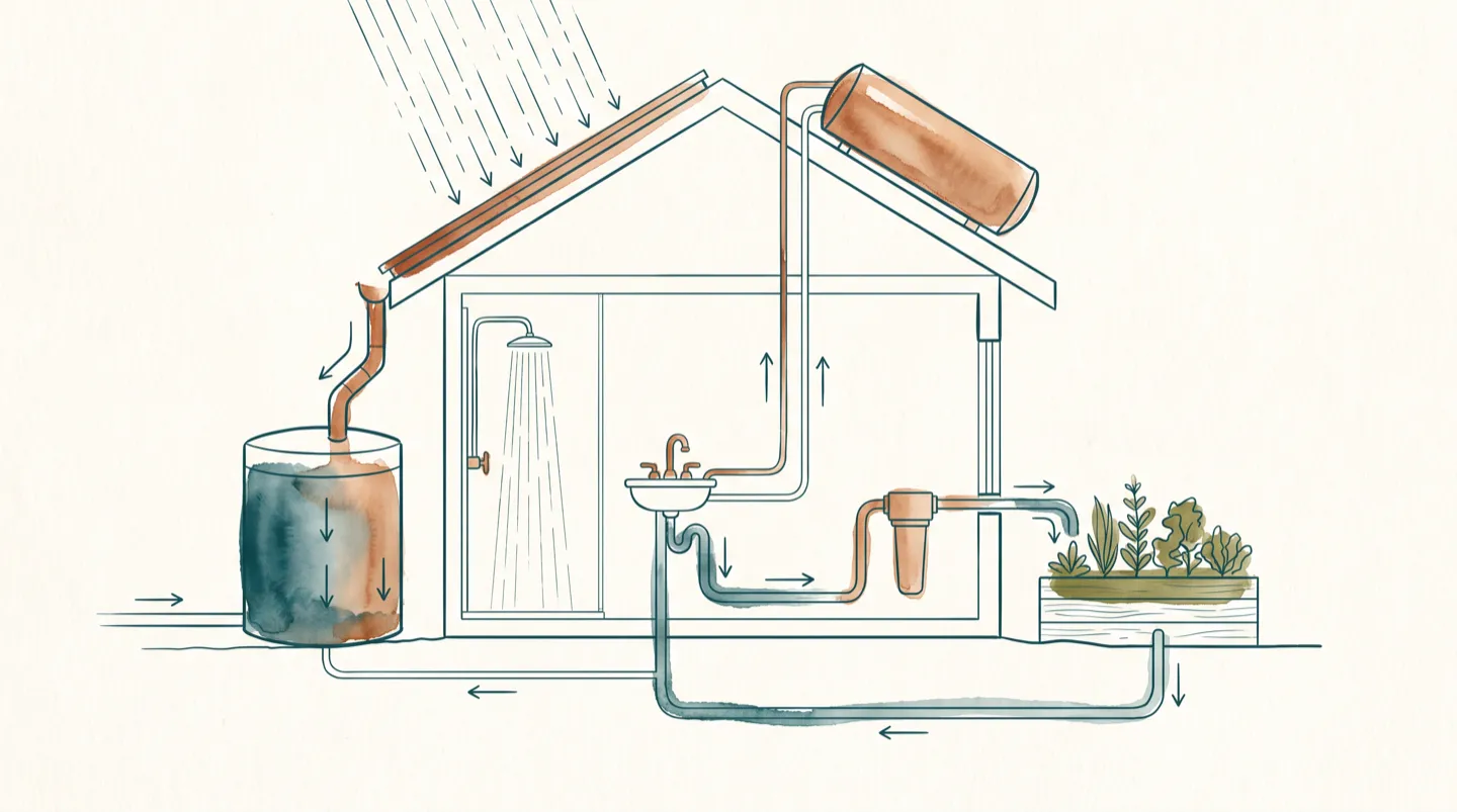 Ink and wash study of a house drawn as a water cycle: rainwater collected off the roof into a tank, efficient indoor fixtures drawing a thin line from the mains, greywater looping back to a garden bed, a sun-warmed hot water tank, and the loop closing so less is drawn from the street
