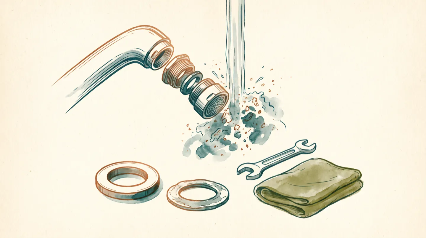 Ink and wash maintenance study: a tap aerator unscrewed and being rinsed clear of scale, a fresh washer laid beside a worn flattened one, a small spanner and a soft cloth arranged as a tidy kit