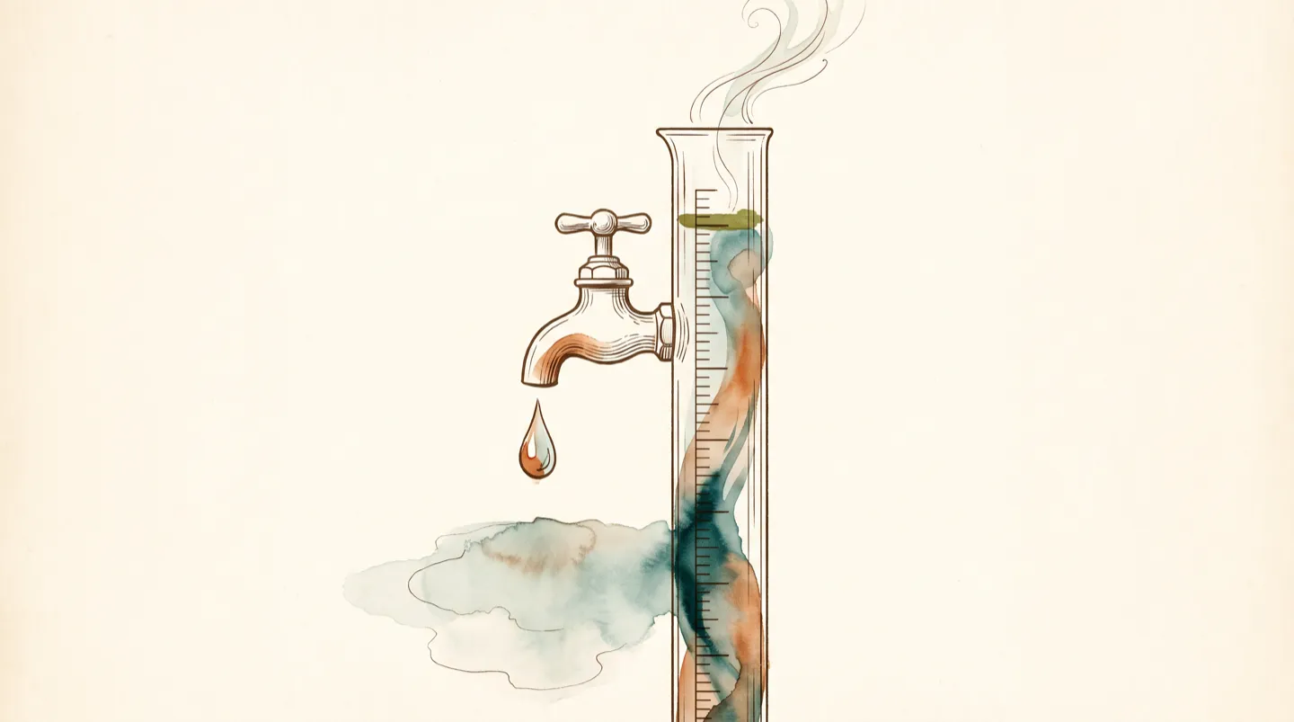 Ink and wash study of a single dripping tap above a tall measuring column filling with wasted water, a faint damp shadow spreading beneath and a thin wisp rising to suggest the energy spent treating that water
