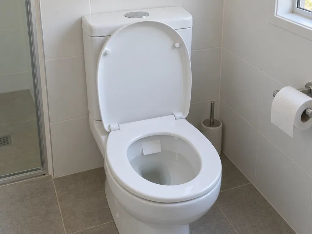 A white toilet with the lid up and a small square of toilet paper in the bowl, a toilet roll beside it