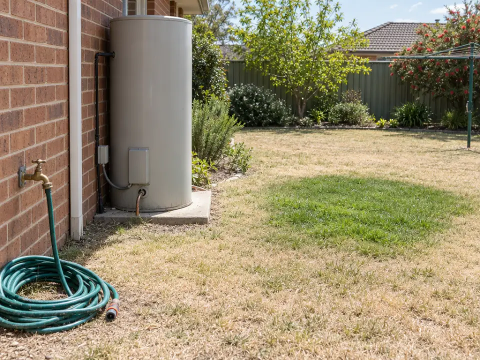 A brass garden tap on a brick house wall with a green hose running down to a coil on the ground, an outdoor hot water cylinder on a concrete pad with a copper pipe at its base, and a patch of greener grass across a dry lawn