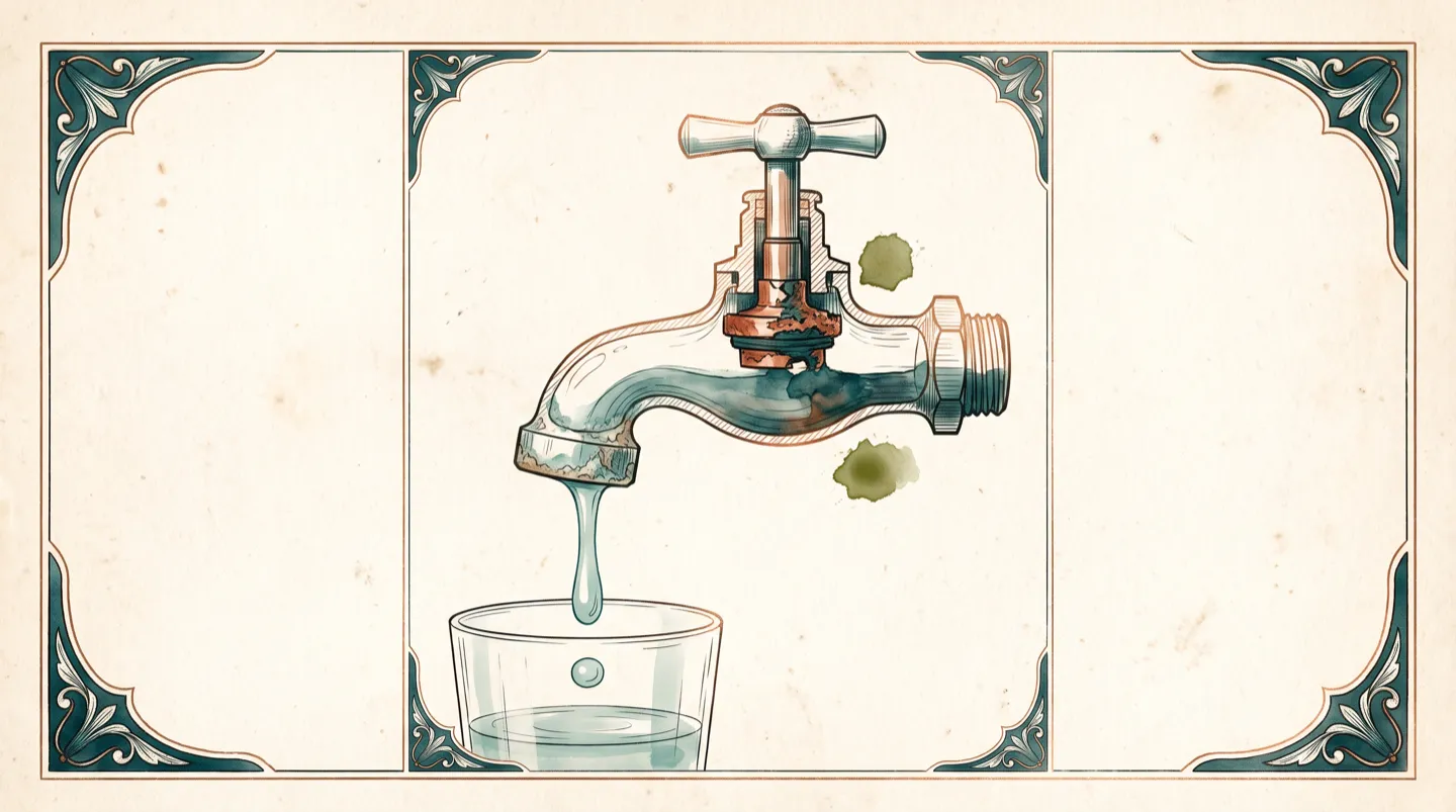 Ink and wash sectional study of a household tap: a worn corroded washer inside the body, mineral scale at the aerator, a slow droplet falling into a faintly tinted glass of water below