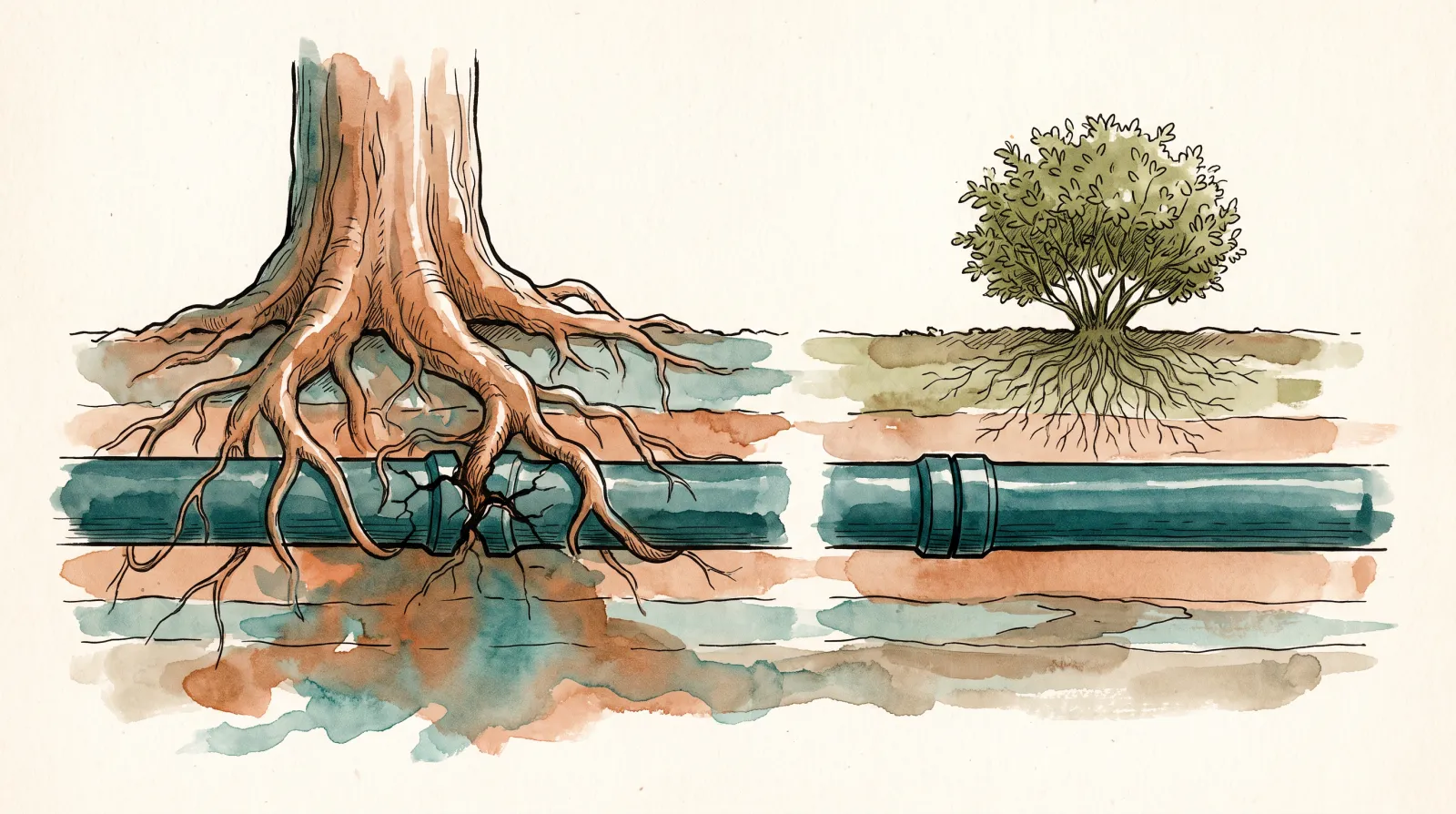 Ink and wash sectional illustration comparing two buried drain pipes under a garden: on the left a large tree with thick roots converging on a pipe joint, on the right a small native shrub whose fine roots stay clear of a sound pipe