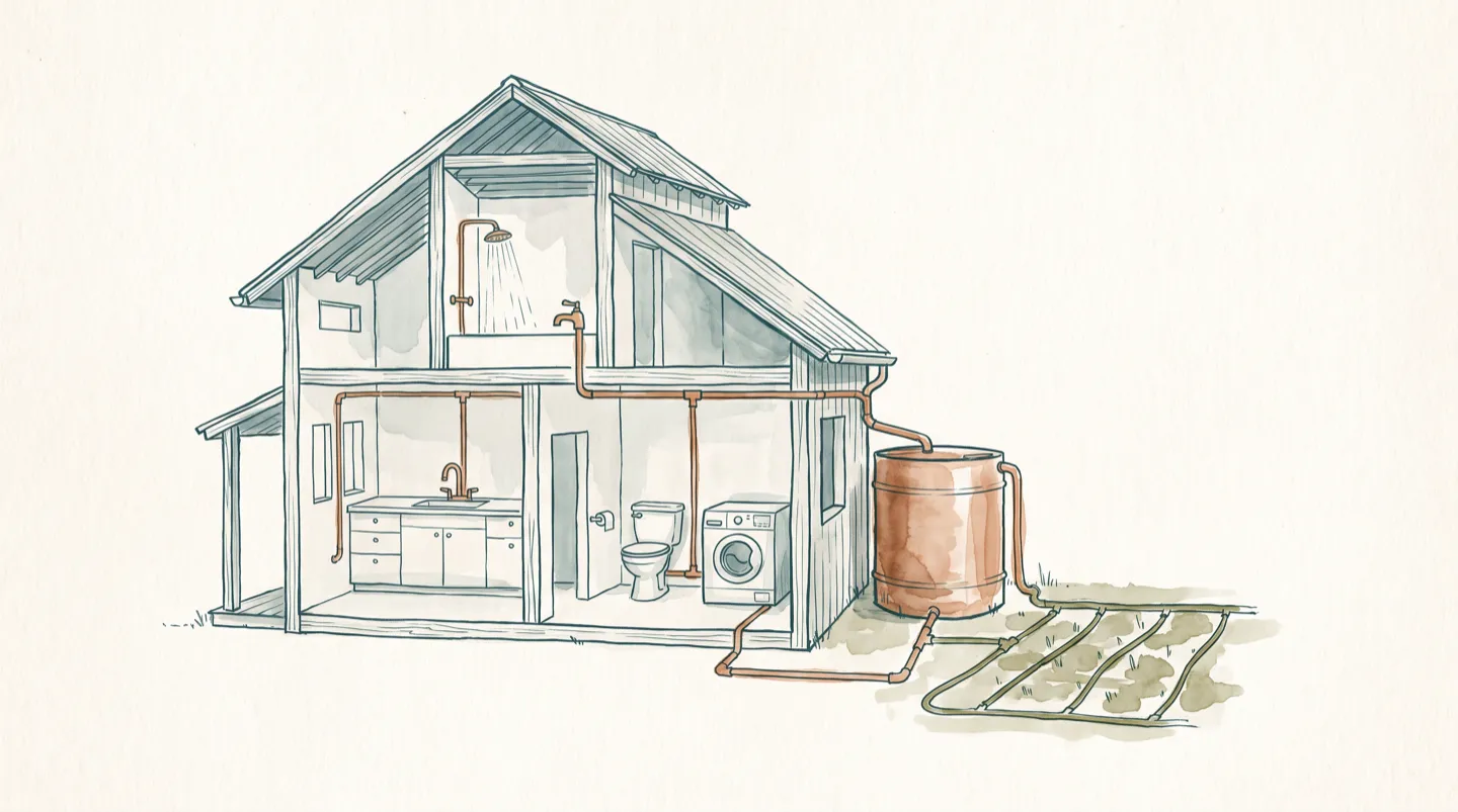 Ink and wash cutaway of a home shown as a single connected water system: a low-flow shower, an aerated kitchen tap, a dual-flush toilet, a washing machine, joined by fine copper pipe lines, with a rainwater tank and garden drip line outside
